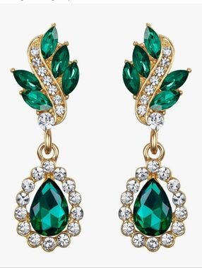 Emerald Teardrop Crystal Drop Earrings - Gold Tone Clip Ons.